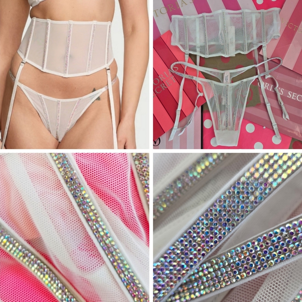Victoria's Secret Very Sexy Shine Strap Rhinestone Thong Panty Garter Belt Set